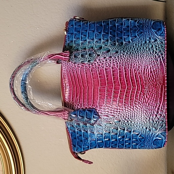 New! TRENDY Multi Blue Fuchsia Hombre Alligator Embossed Satctchel Handbag Purse - Picture 3 of 9